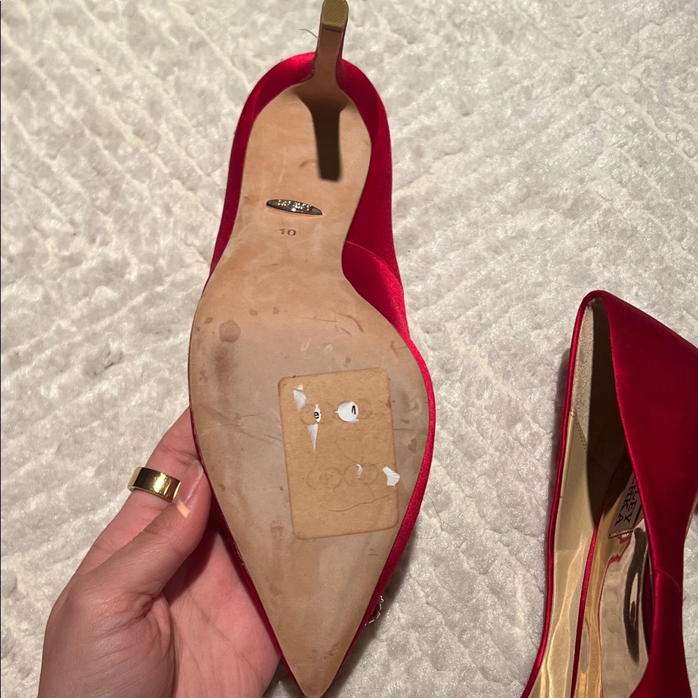Badgley Mischka Red Satin Heels with Crystal Buckle - Picture 9 of 10